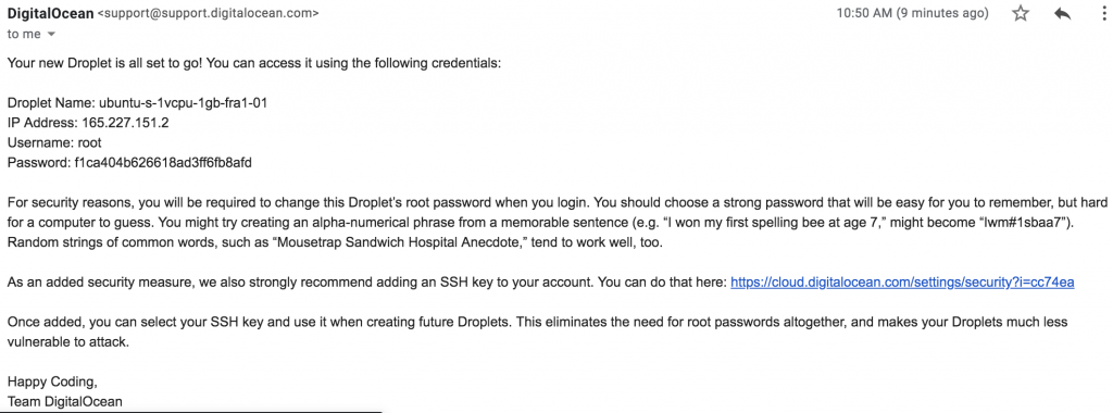 Mail from digital ocean about new server